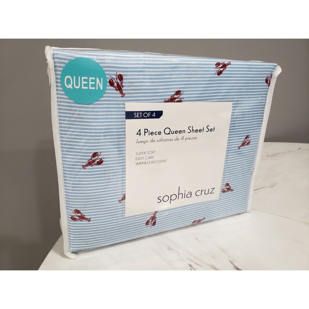 NEW 4 PC QUEEN SIZE sheet set lobster print nautical beach blue chambray stripes